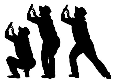 Photograph and women with a camera on street. Isolated silhouettes of people on white backgroundのイラスト素材