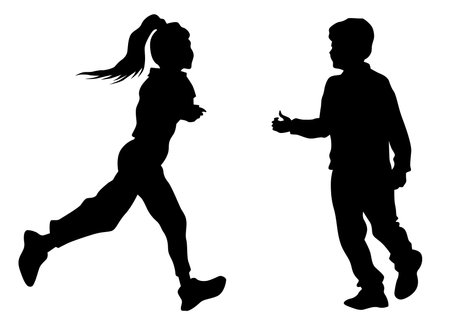 Silhouettes of a little girl and boy on a white backgroundのイラスト素材