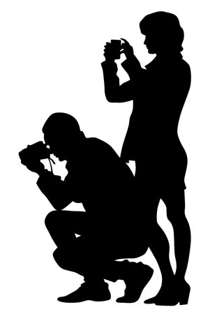 Woman and man with a photo camera on white backgroundのイラスト素材