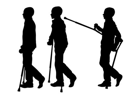 Young man on crutches is walking down the street. Isolated silhouettes on white backgroundのイラスト素材