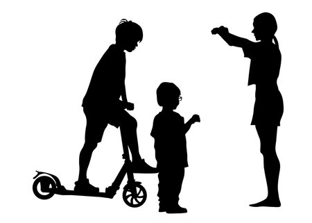 LIttle children with scooter on white backgroundのイラスト素材