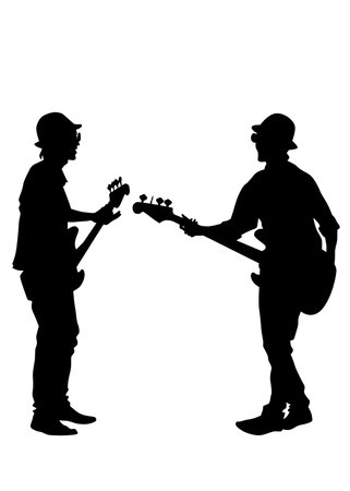 Rock band musicians on stage. Isolated silhouettes on a white backgroundのイラスト素材