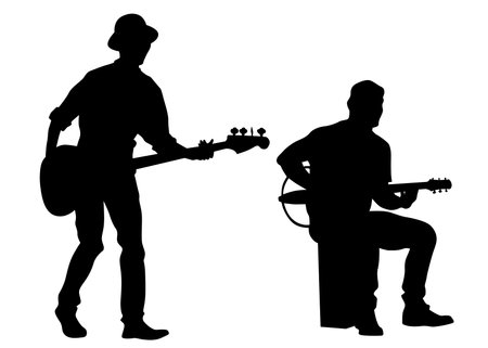 Rock band musicians on stage. Isolated silhouettes on a white backgroundのイラスト素材