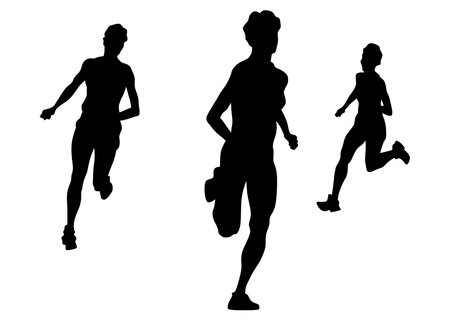 Young athletes run a marathon. Isolated silhouettes on white backgroundのイラスト素材
