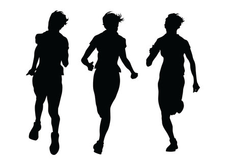Young athletes run a marathon. Isolated silhouettes on white backgroundのイラスト素材