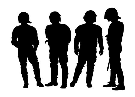 Silhouettes of special forces personnel in protective gear on white backgroundのイラスト素材