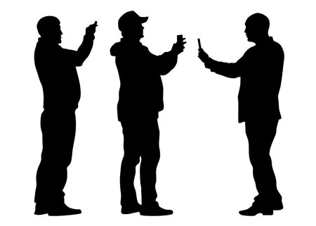 Silhouettes of three people standing with phones or devicesのイラスト素材