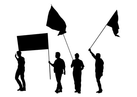People with banner and flags. Isolated silhouettes of people on a white backgroundのイラスト素材
