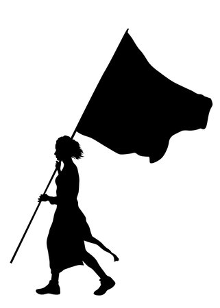 Silhouette of a person carrying a large flag. Isolated on a white backgroundのイラスト素材