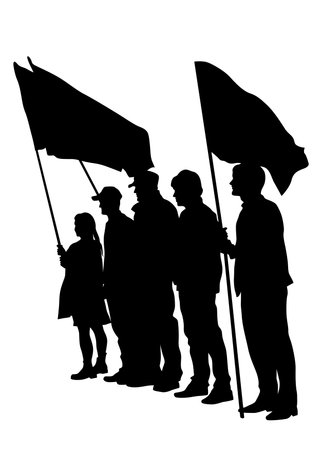 People with banner and flags. Isolated silhouettes of people on a white backgroundのイラスト素材