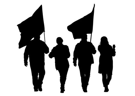 People of with banner and flags. Isolated silhouettes of people on a white backgroundのイラスト素材