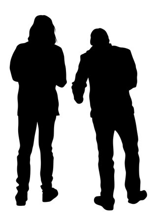 Young man and woman walking at street. Isolated silhouette on a white backgroundのイラスト素材