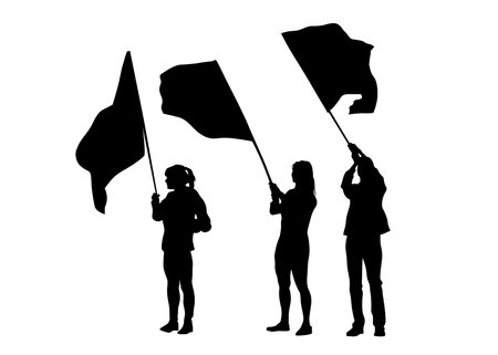People of with banner and flags. Isolated silhouettes of people on a white backgroundのイラスト素材