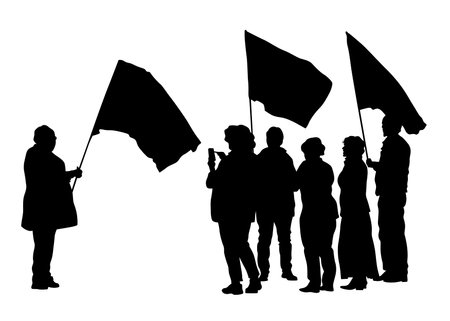 People of with banner and flags. Isolated silhouettes of people on a white backgroundのイラスト素材