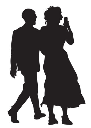 Young man and woman walking at street. Isolated silhouette on a white backgroundのイラスト素材