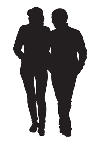 Young man and woman walking at street. Isolated silhouette on a white backgroundのイラスト素材