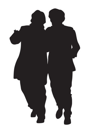 Young man and woman walking at street. Isolated silhouette on a white backgroundのイラスト素材