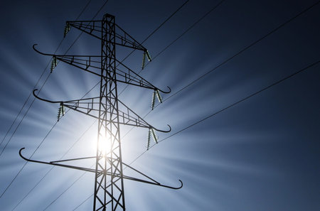 Power line against the blue sky. The sun