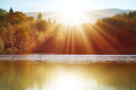 Autumn forest reflected  in the water, illuminated by bright rays of the golden sun.の写真素材