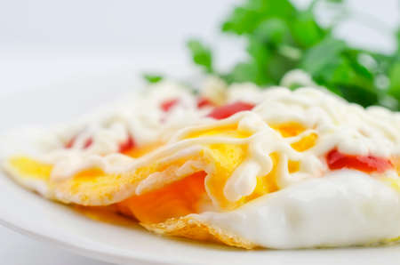 Scrambled eggs with mayonnaise, ketchup and greens on a white plateの写真素材