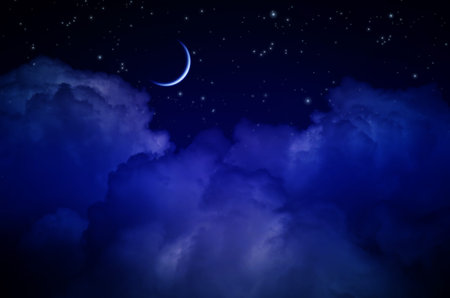 Night sky with stars and clouds. Thin arc moon. Dark blue tint