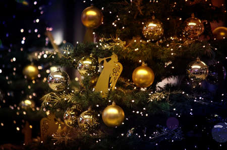 Christmas Decorations on Christmas Tree, Lighted Garlandの写真素材