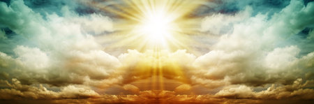 Panorama. Fog and clouds looking up into a fantasy colored sky. The bright sun illuminates the whole...