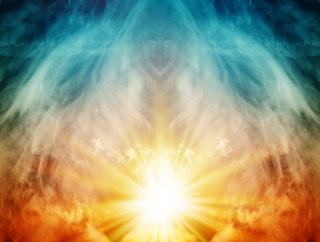 Abstract. Fog and clouds looking up into a fantasy multicolored sky. The bright red sun illuminates...