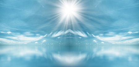 Blue Sunset. Blue sky with clouds and sun over sea