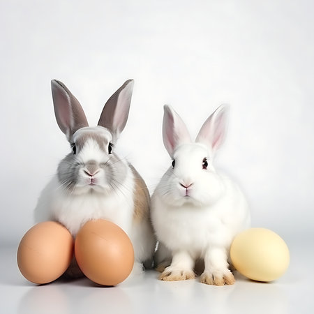 Isolated Easter white fluffy bunnies is sitting and looking at the camera, created with Generative AI technology. white background.の素材