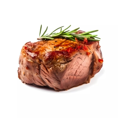 Grilled beef steak with rosemary isolated on a white background.の素材