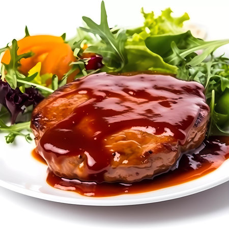 Grilled beef steak with sauce and salad on a white background.の素材