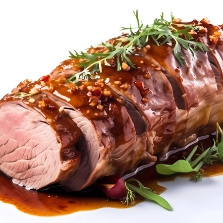 roasted pork loin with sauce and herbs on a white backgroundの素材
