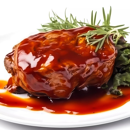 Pork knuckle with sauce and rosemary on a white backgroundの素材