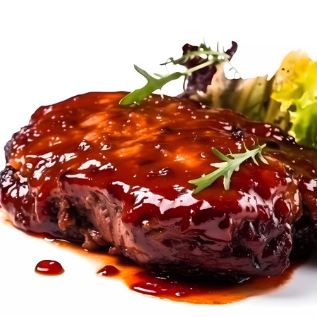Beef steak with sauce on a white background. close-up.の素材
