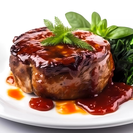 Steak with berry sauce and basil on a white background.の素材