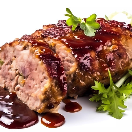 Meatloaf with cranberry sauce and parsley on a white backgroundの素材