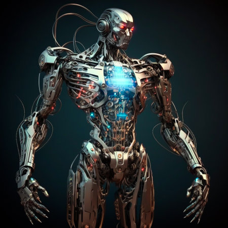 Cyborg robot with glowing blue light on black background. 3D renderingの素材