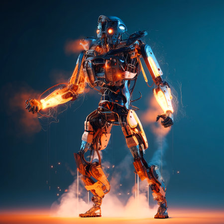 Futuristic robot with glowing light over dark background. 3D rendering.の素材