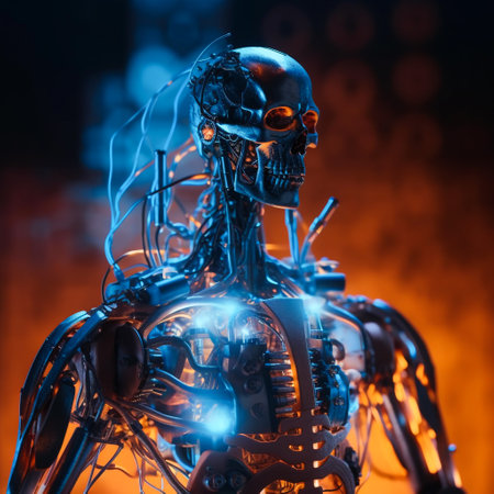 3d rendering of a male robot in a dark room with neon lightsの素材