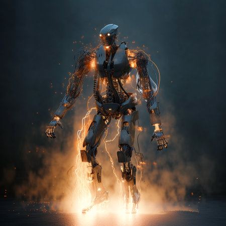 3d rendering of a robot with a burning fire in the backgroundの素材