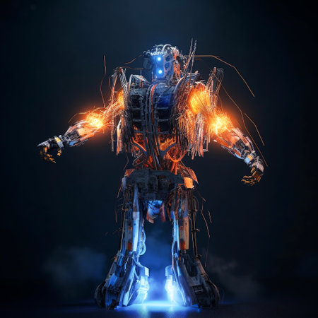 Futuristic robot with glowing lights on dark background 3D renderingの素材