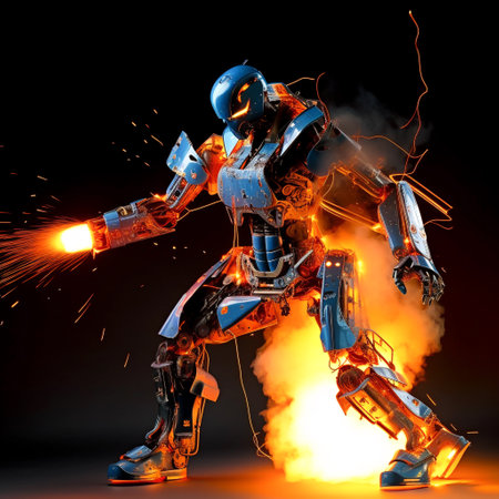 3d rendering of a robot with fire on a black background.の素材