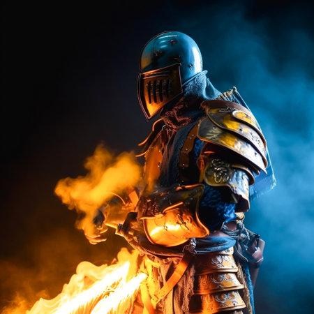 Knight in armor with fire and smoke on a dark background. selective focus.の素材