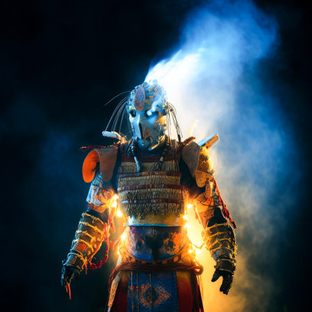 Close-up portrait of a viking warrior with fire and smokeの素材