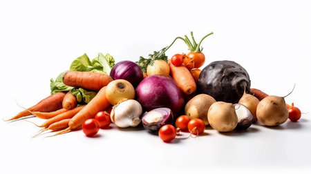 Vegetables isolated on a white background. Carrot, onion, eggplant, tomato, carrot, pepper, garlicの素材