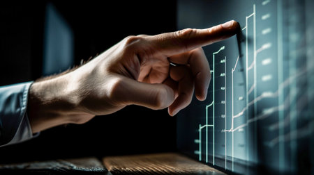 Close-up of businessman hand pointing at virtual screen with forex chartの素材
