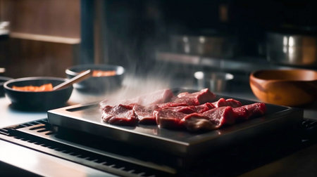 sirloin being grilled on a hot pan in a restaurant kitchenの素材