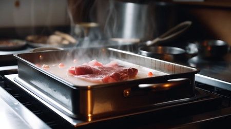 Close-up of meat being cooked in a pot on a gas stoveの素材