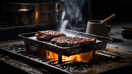 Beef steaks being grilled on a hot stove in a restaurantの素材